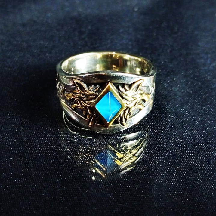 Ring of Russ Ring (silver ring + bronze wolf heads + blue zircom gem)