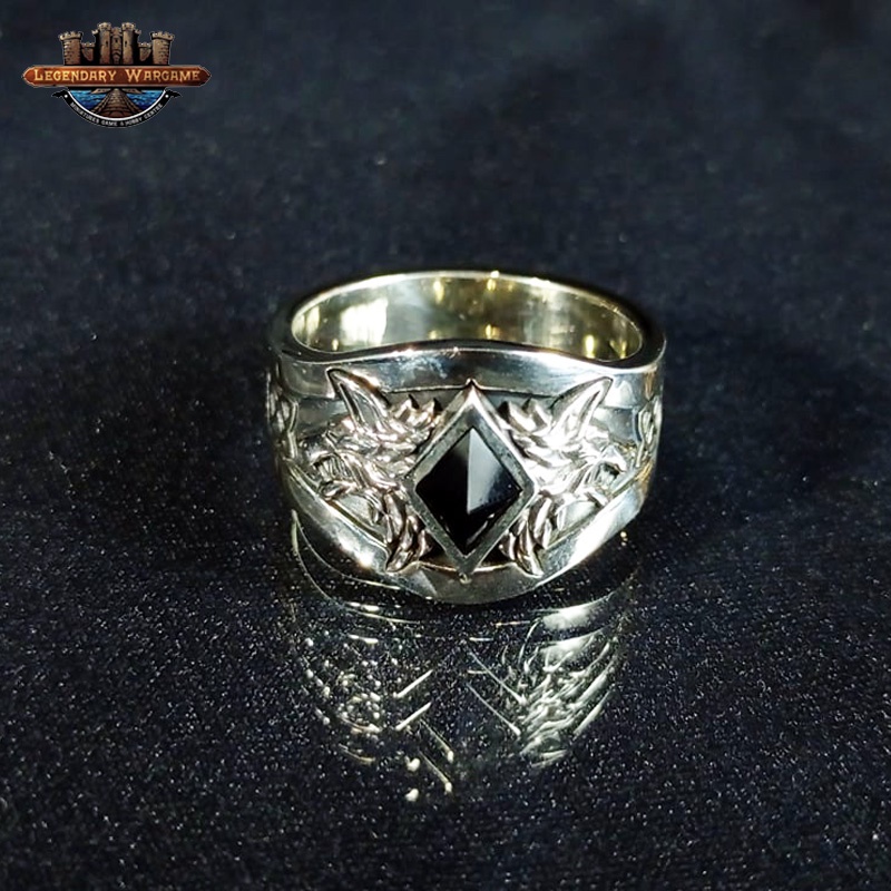 Ring of Russ Ring (silver ring + silver wolf heads + onyx gem)